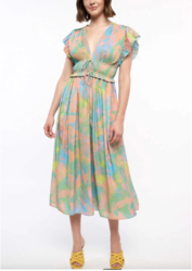 Current Air Pleats Print Green/Orange Midi Dress