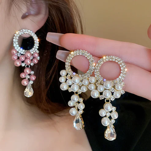 Luxury Chic Crystal Round White Pink Pearl Tassel Earrings for Women  